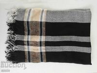 Large black scarf with fringe and light gray stripes