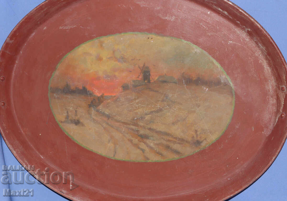 Delivery of Antique large hand-painted landscape tray