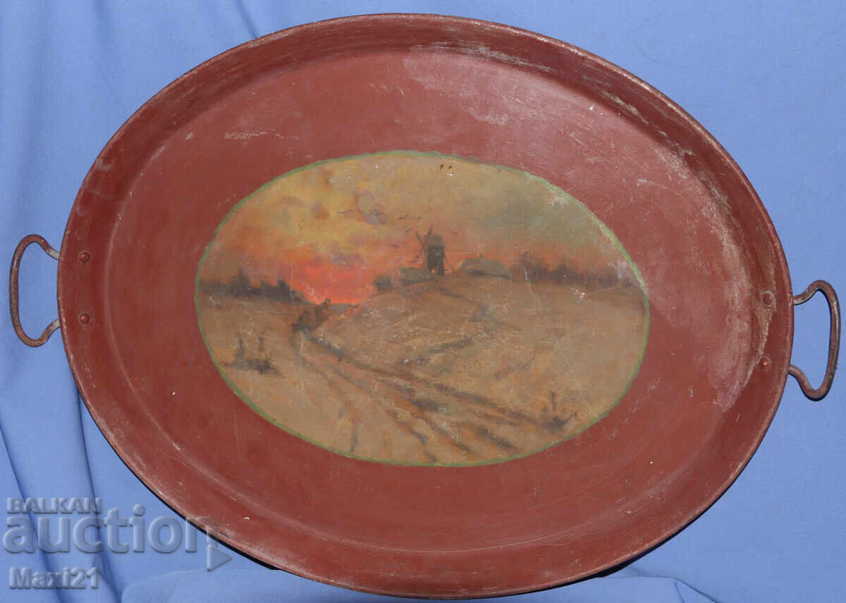 Antique large hand-painted landscape tray