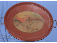 Старинен голям ръчно изрисуван поднос пейзаж