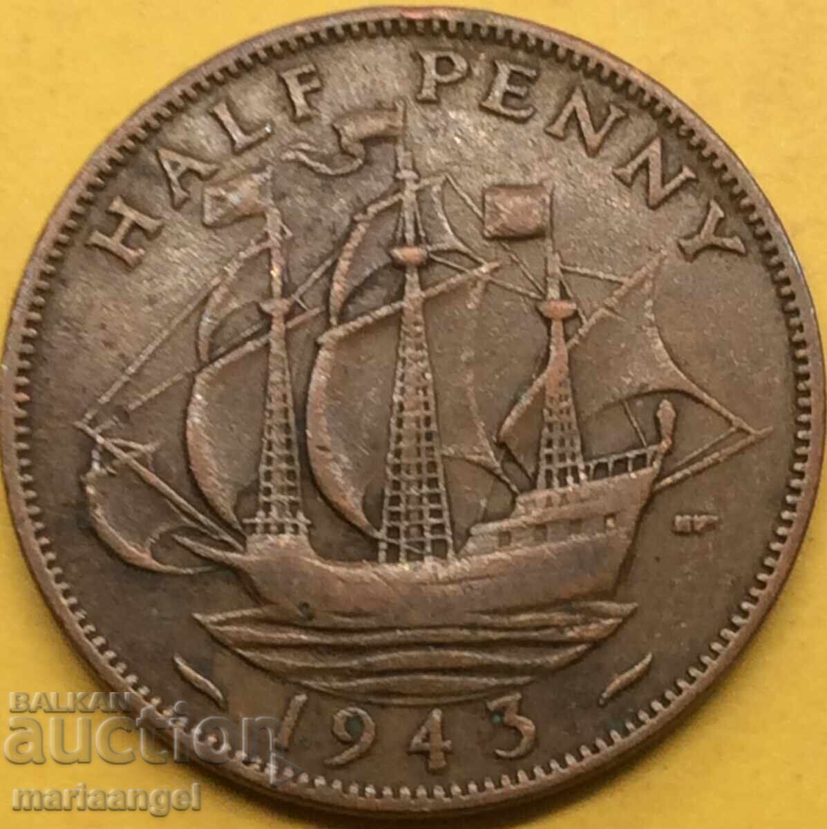 Auction UK 1/2 Penny 1943 George V 26mm Auction UK 1/2 Penny 1943 George V 26mm