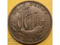 UK 1/2 Penny 1943 George V 26mm