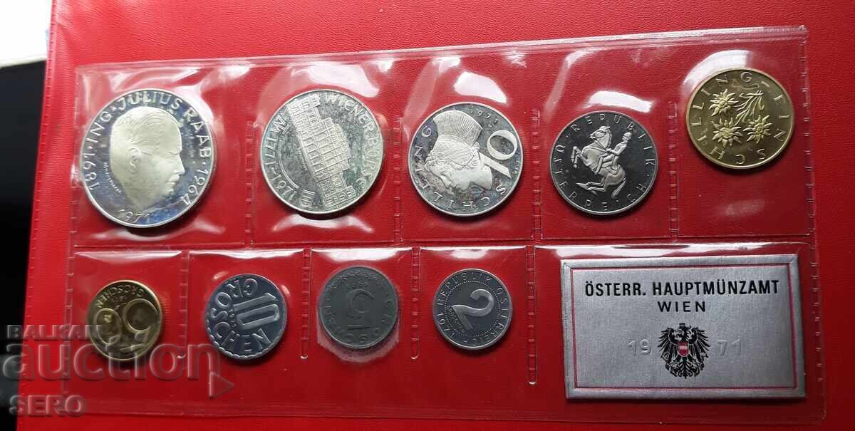 Австрия-СЕТ 1971 от 9 монети/3 сребърни 10,20 и 50 шилинга/ с цена 129.00 лв. | € 65.96