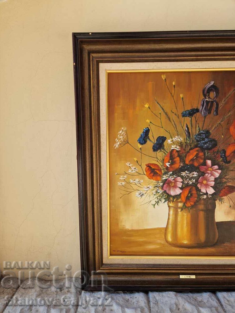 Νεκρή φύση, ελαιογραφία, καμβάς, συγγραφέας, πλαίσιο, αντίκα - 5