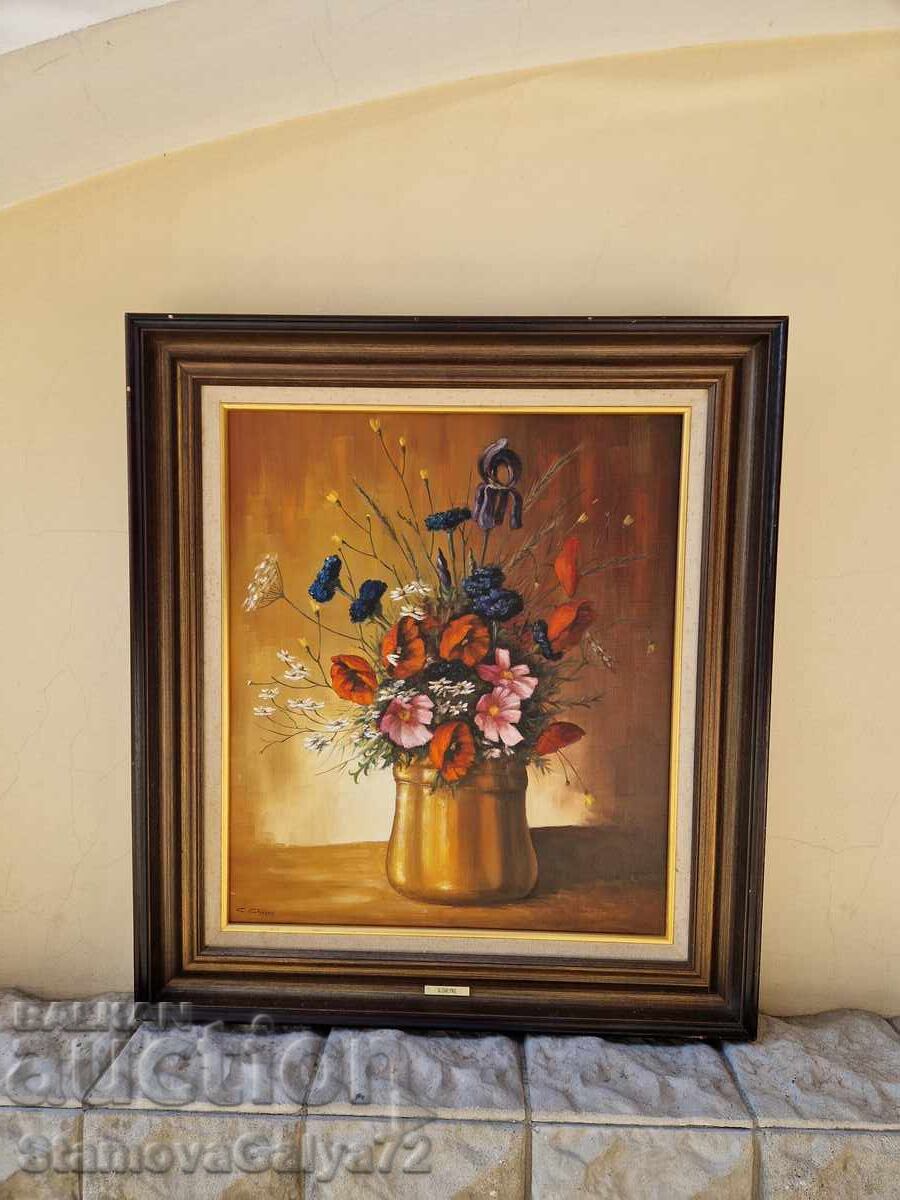 Νεκρή φύση, ελαιογραφία, καμβάς, συγγραφέας, πλαίσιο, αντίκα