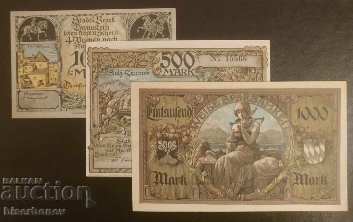 100, 500 și 1000 mărci Germania/Bavaria/Traunstein 1922, aUNC