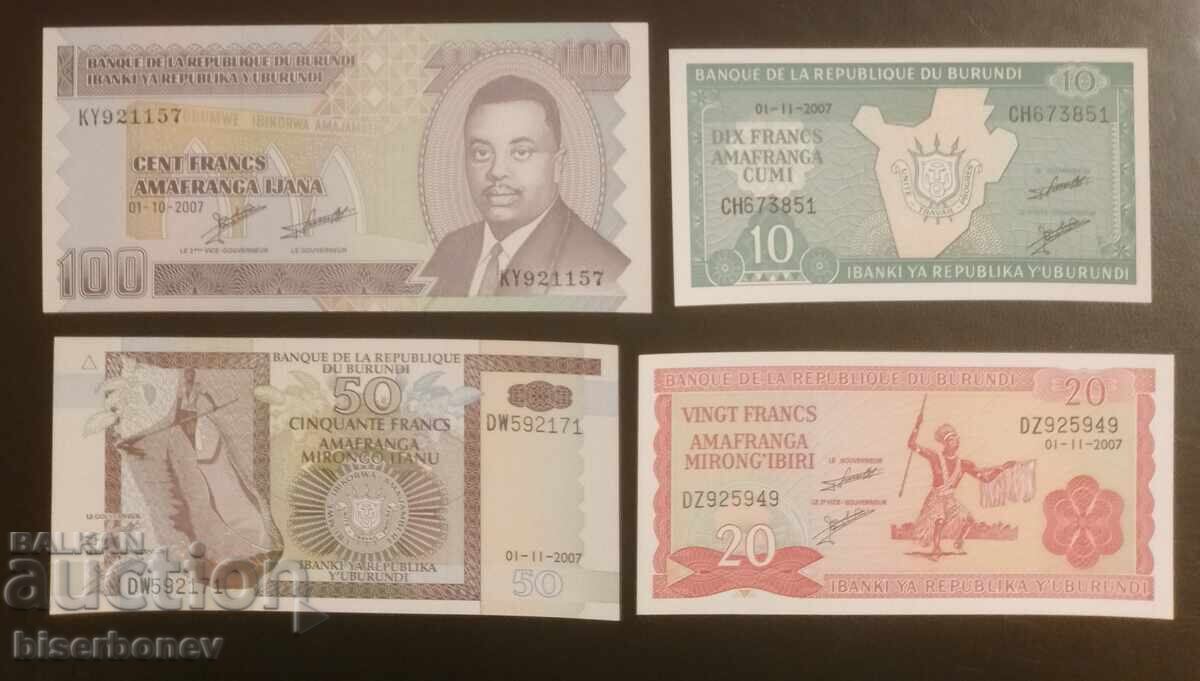 Lot of 10, 20, 50, and 100 Burundi Francs 2007, UNC with price 9.00 BGN | € 4.60