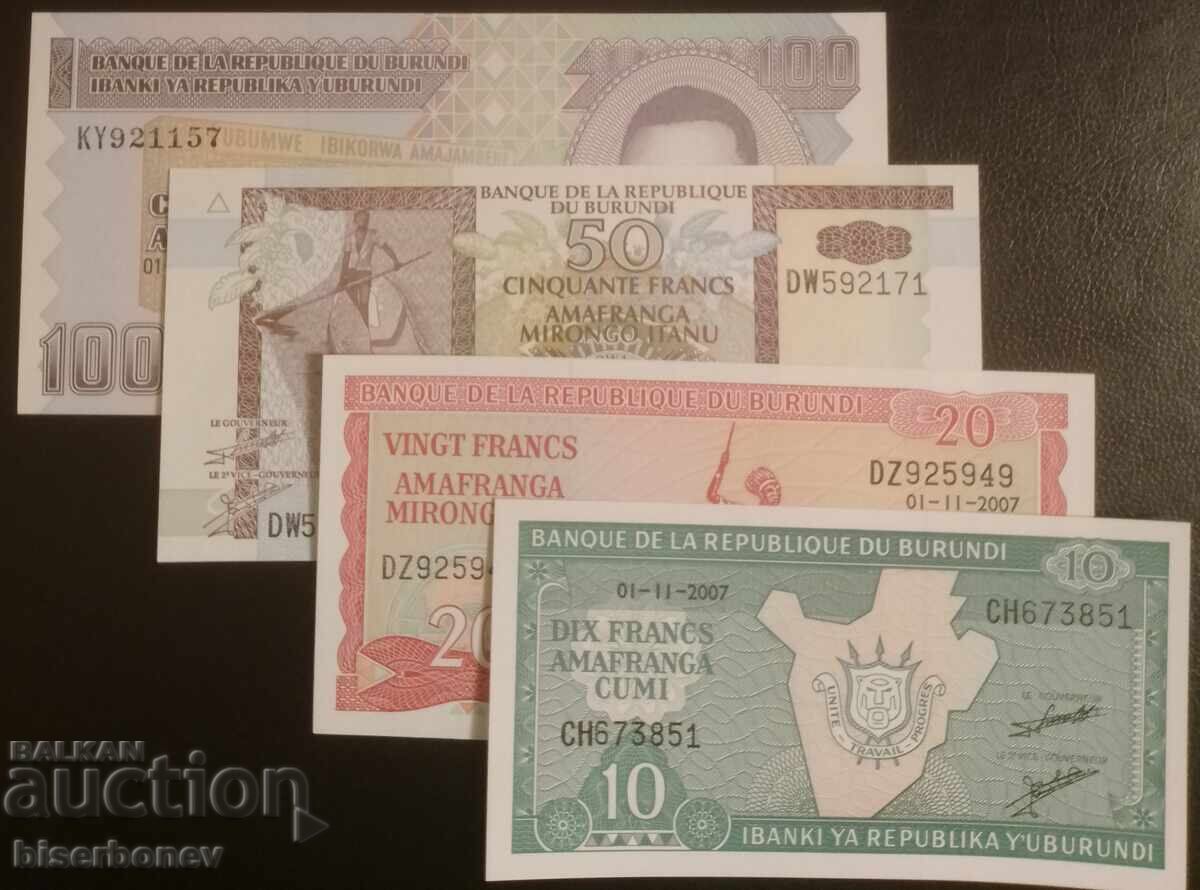 Lot of 10, 20, 50, and 100 Burundi Francs 2007, UNC