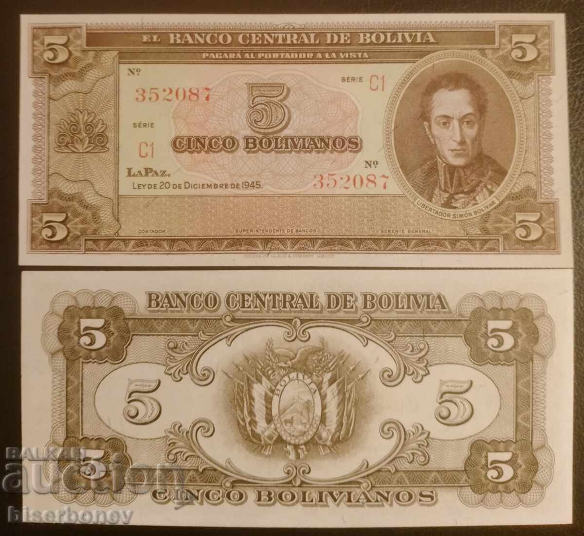 Bolivia, Bolivia 5 Bolivianos pesos 1945, UNC