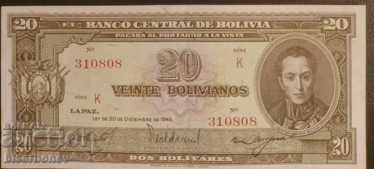 Bolivia, Bolivia 20 pesos bolivieni 1945, VF/XF