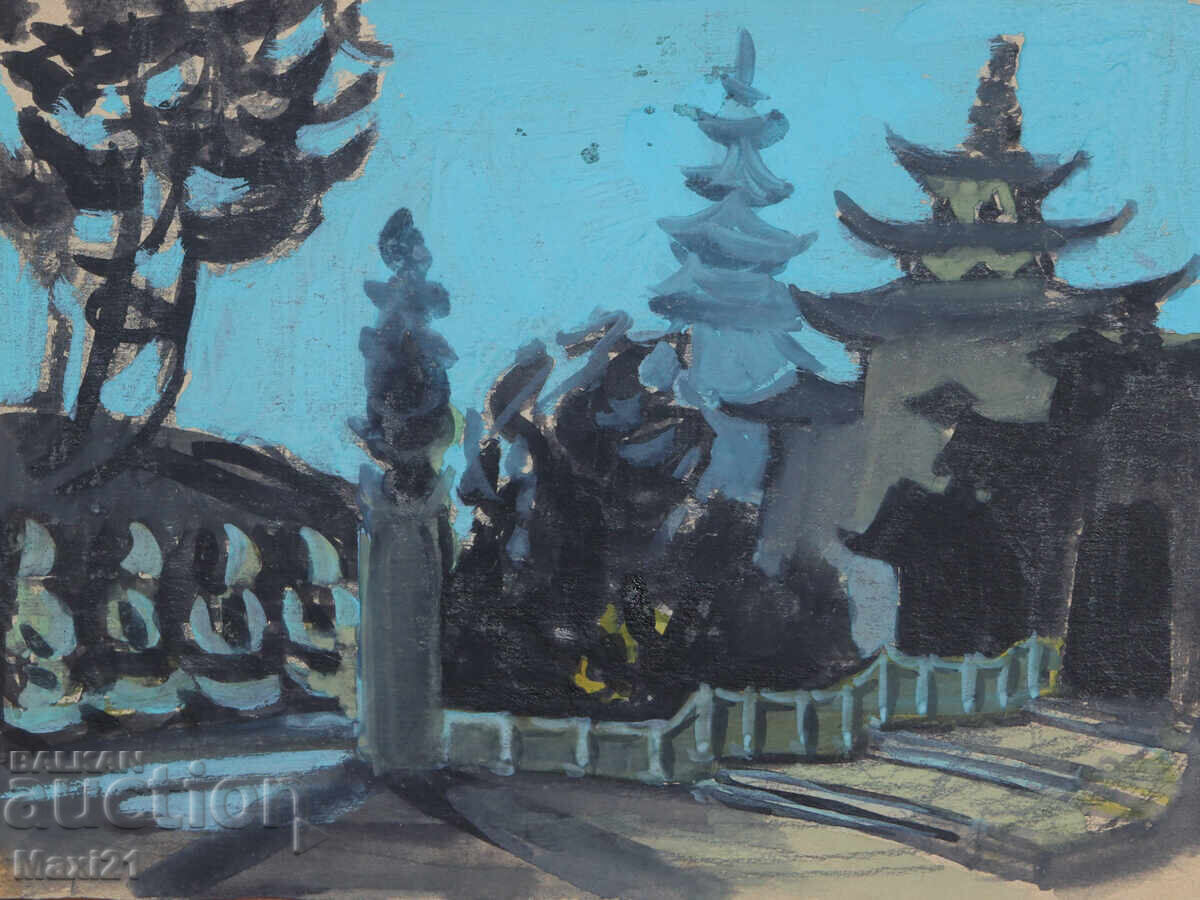 Auction  Old gouache painting, interior