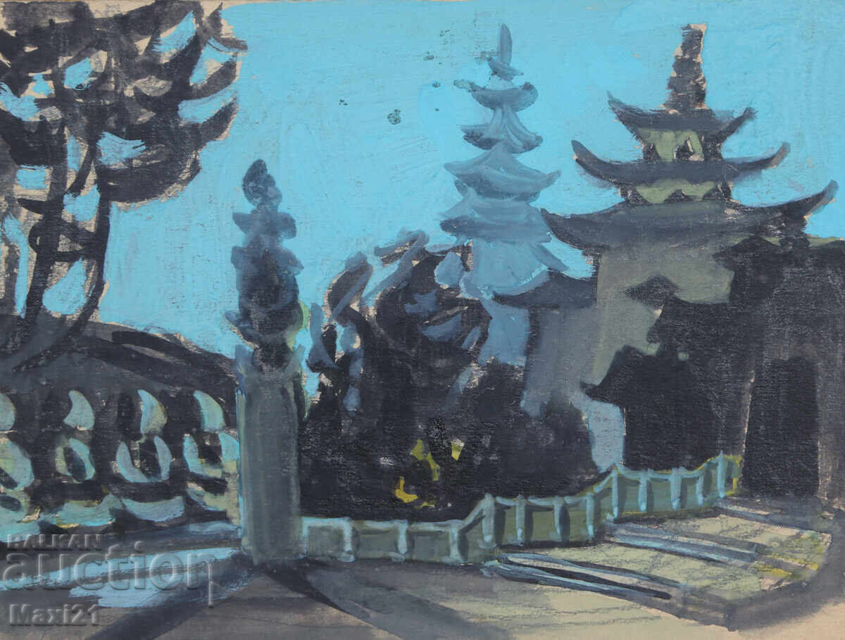 Old gouache painting, interior - 5