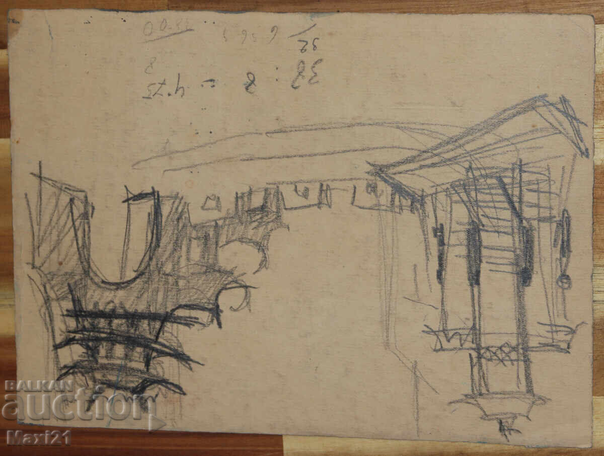 Old gouache painting, interior - 6