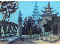 Old gouache painting, interior