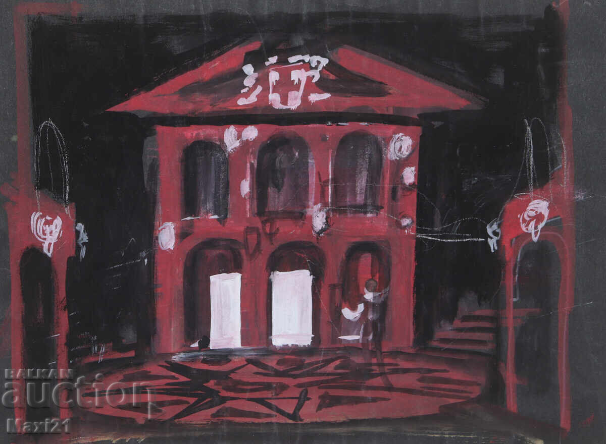 Auction  Gouache painting of a stage interior