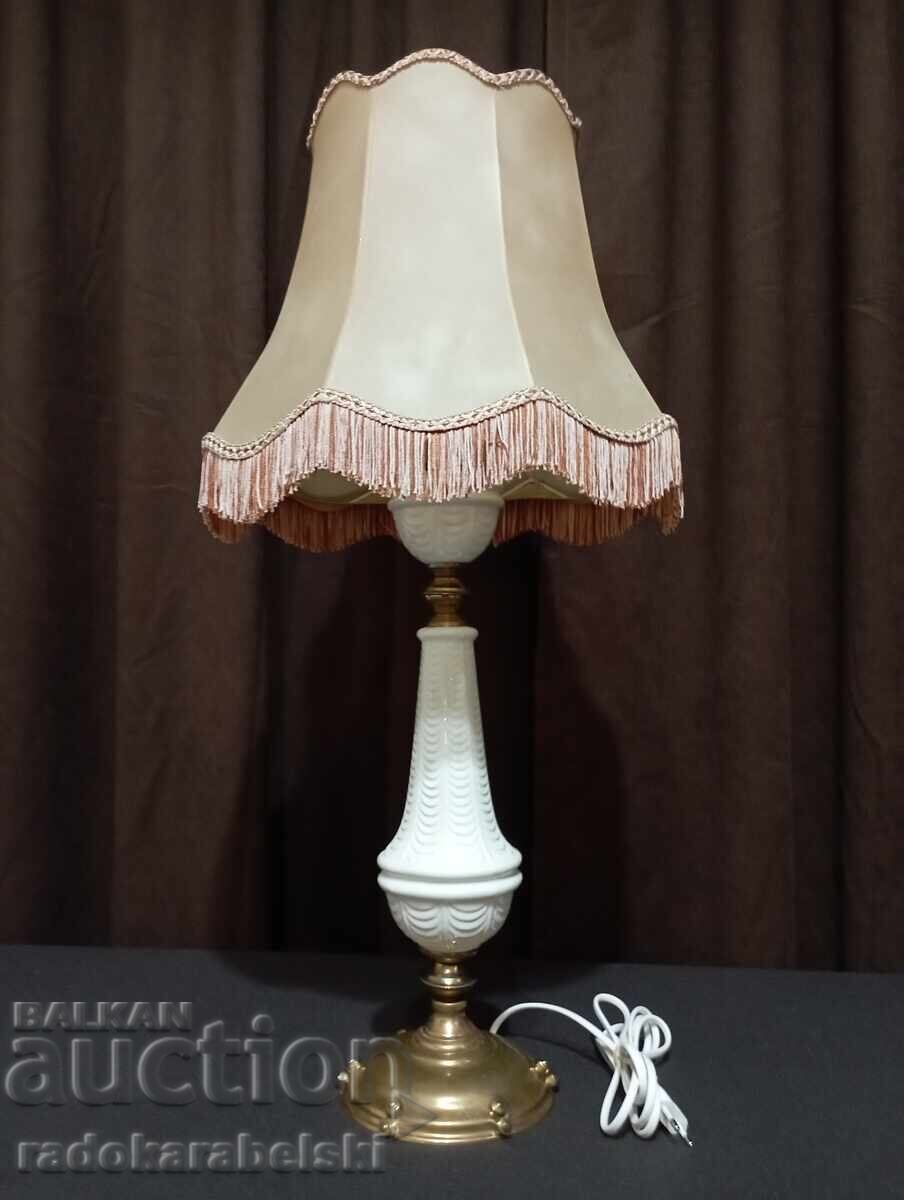 Large antique porcelain lamp with leather lampshade Large antique porcelain lamp with leather lampshade