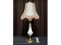 Large antique porcelain lamp with leather lampshade