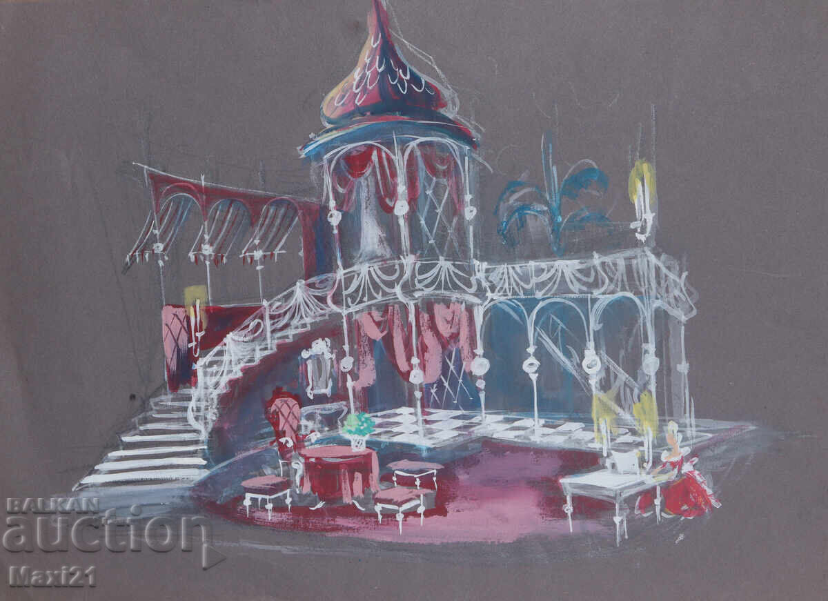 Auction  Gouache painting, interior