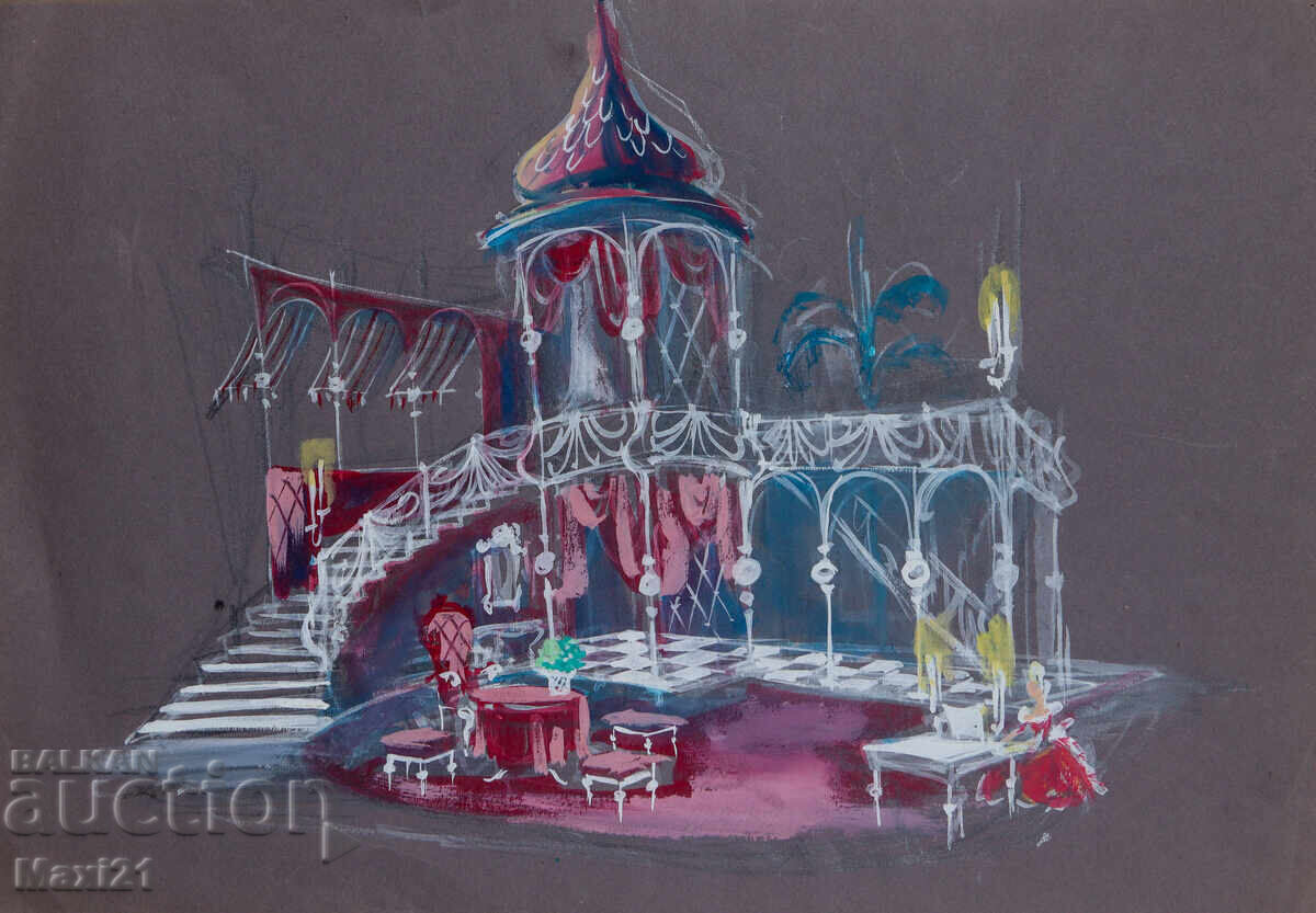 Gouache painting, interior