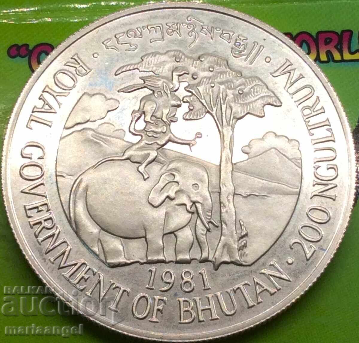 Бутан 1981 200 Нгултрумс рядко голямо UNC сребро Бутан 1981 200 Нгултрумс рядко голямо UNC сребро