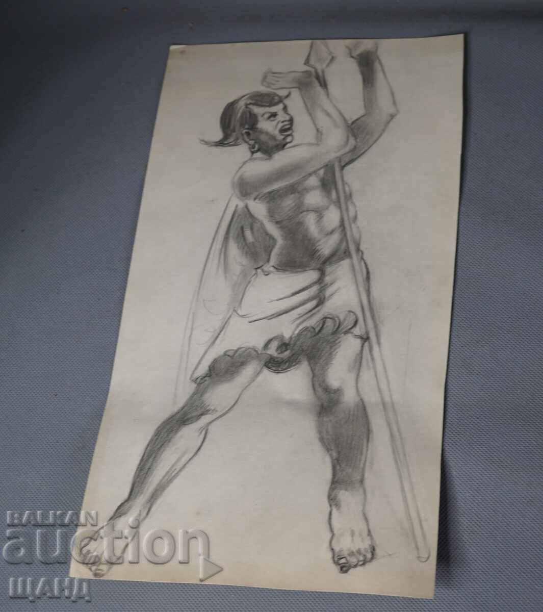 Παλιό αριστούργημα με μολύβι, άντρας πολεμιστής με δόρυ