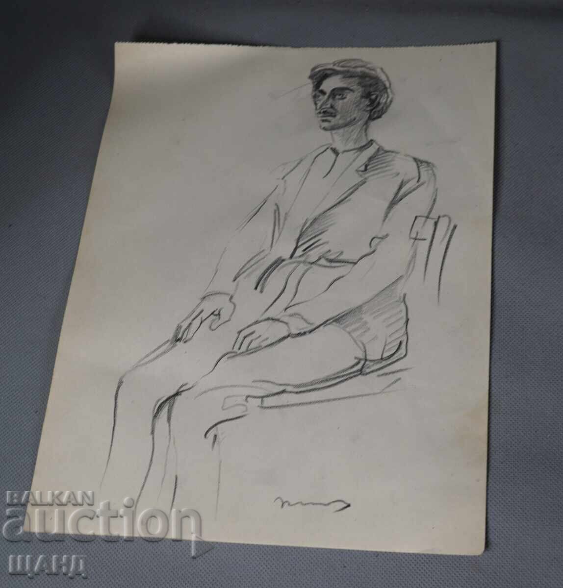 Παλαιό αριστοτεχνικό μολύβι πορτρέτο άνδρα υπογεγραμμένο