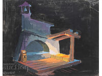Gouache painting, scenography, interior