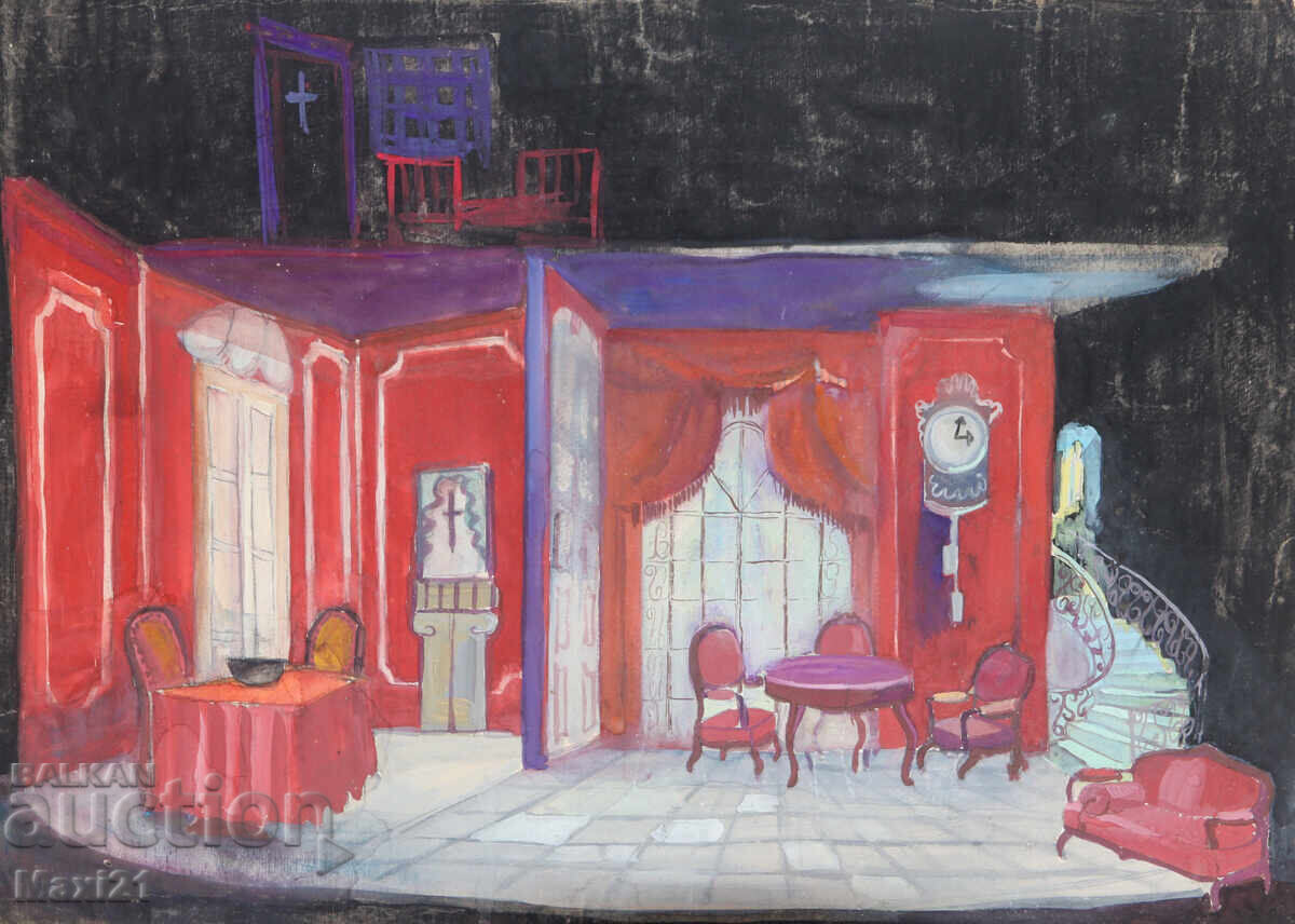 Gouache painting, scenography, interior