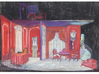 Gouache painting, scenography, interior