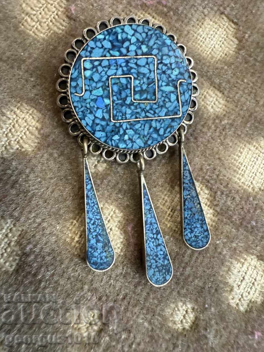 Ασημένια καρφίτσα/μενταγιόν με τυρκουάζ №7490