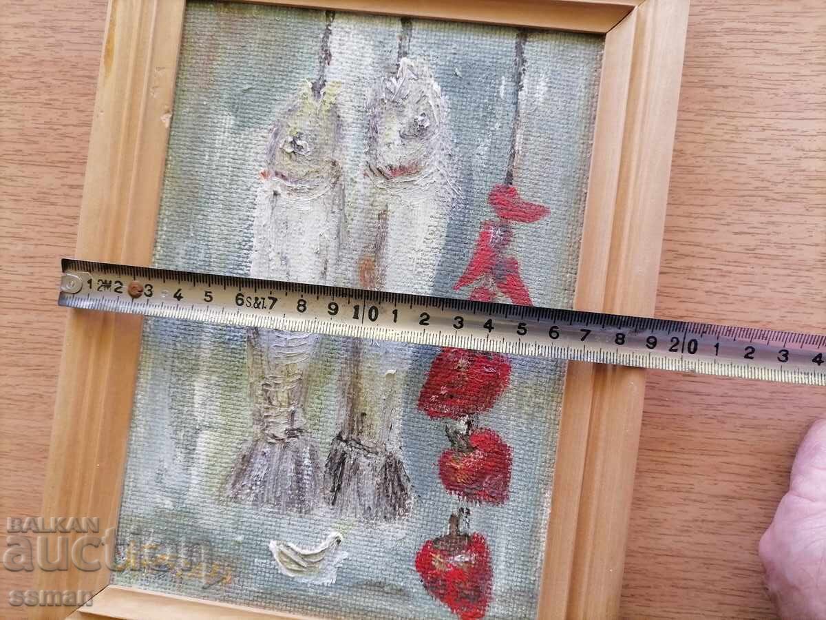 Livrarea Tablou cu pești, ulei pe placă de fibră lemnoasă, pictor M. Petrova