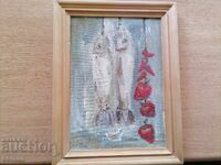 Tablou cu pești, ulei pe placă de fibră lemnoasă, pictor M. Petrova