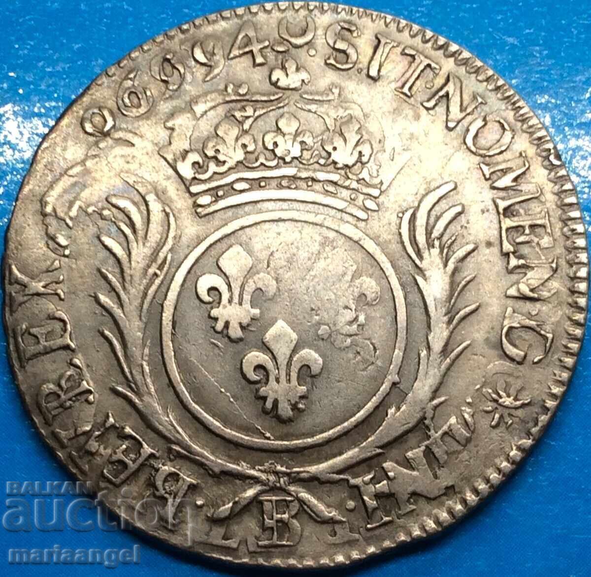 Franța 1/2 Écu 1694 (6994!) B - Rouen Ludovic al XIV-lea argint