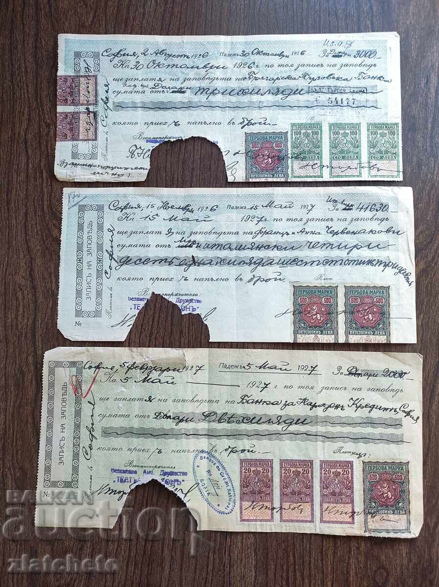 Lot of 4 revenue stamps, 500 leva each, on a promissory note