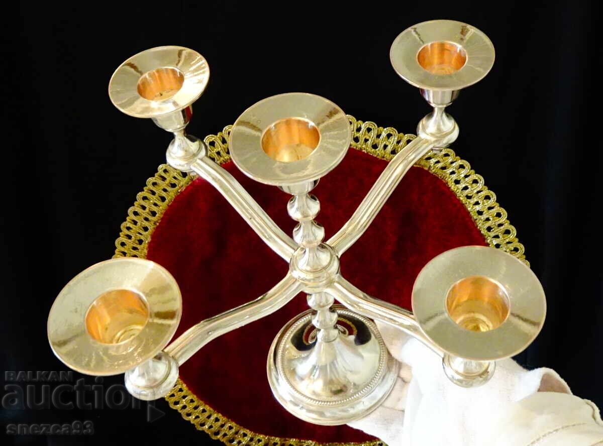 Auction  Silver-plated candlestick, five-arm, pure copper, 21 cm