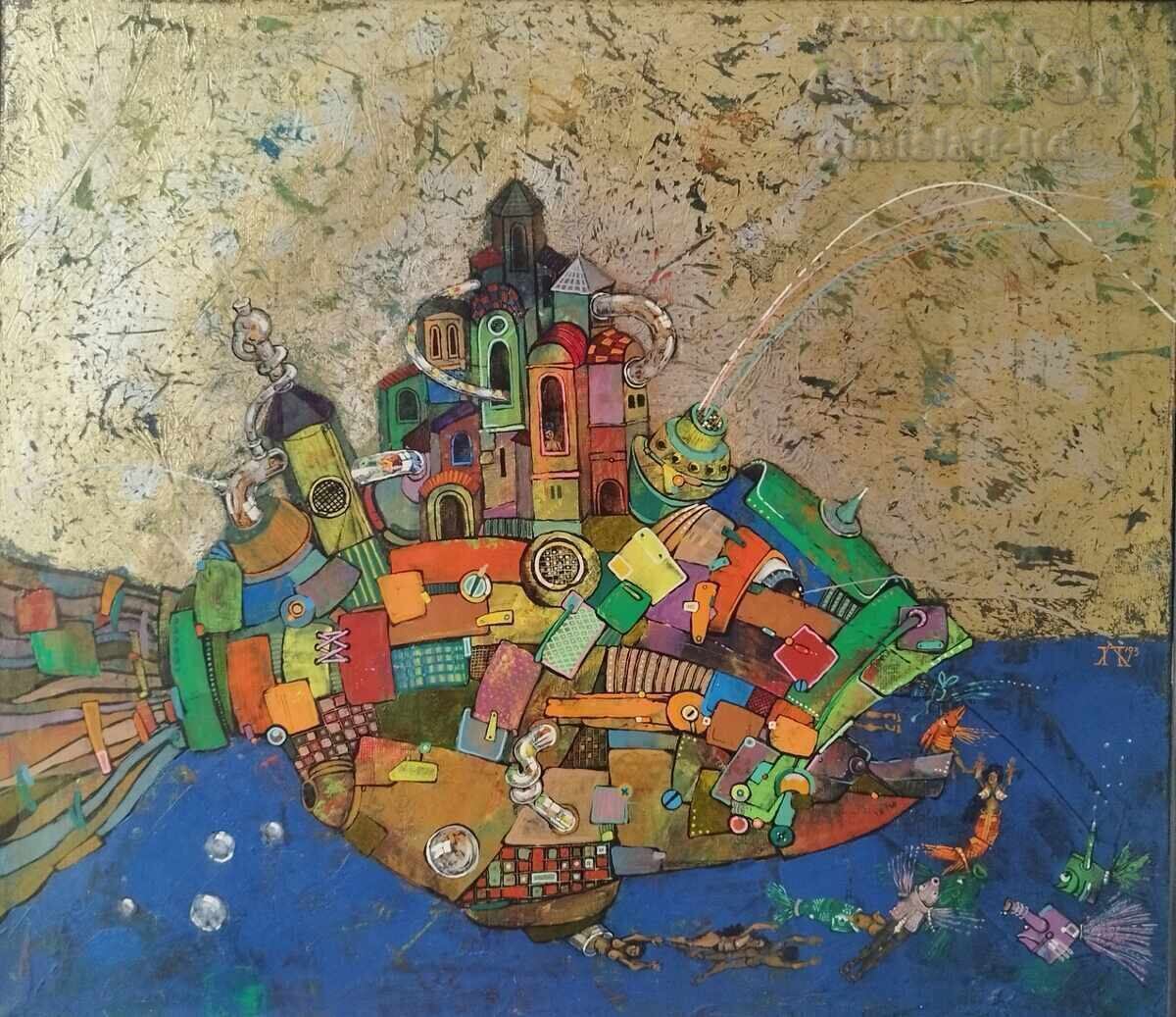 Картина "Кръговрат", проф. Пл. Легкоступ, 1993 г. с цена 4900.00 лв. | € 2505.33 Картина "Кръговрат", проф. Пл. Легкоступ, 1993 г. с цена 4900.00 лв. | € 2505.33