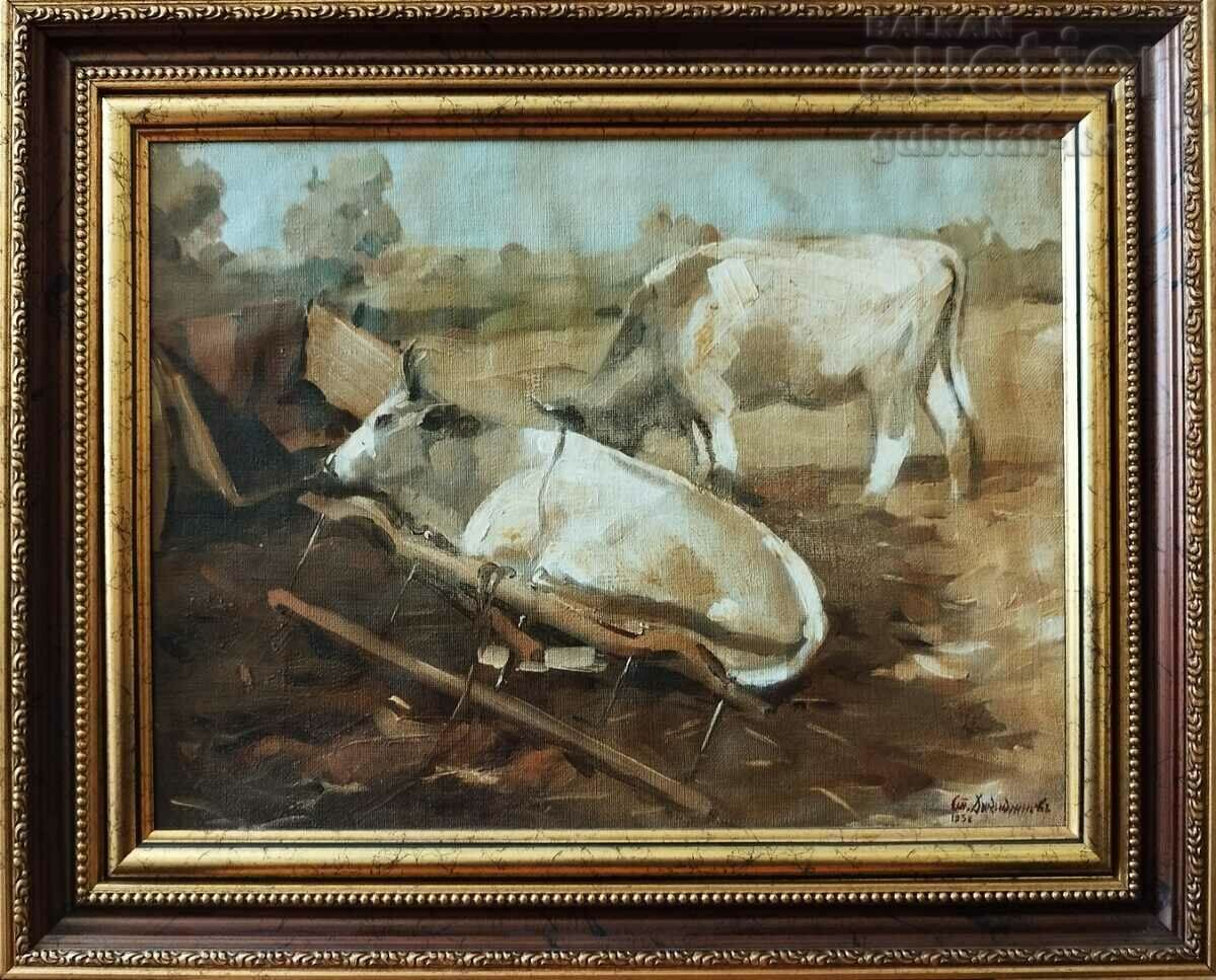 Painting "Landscape with oxen", 1938, artist S. Dikidzhiev (1909-1970)