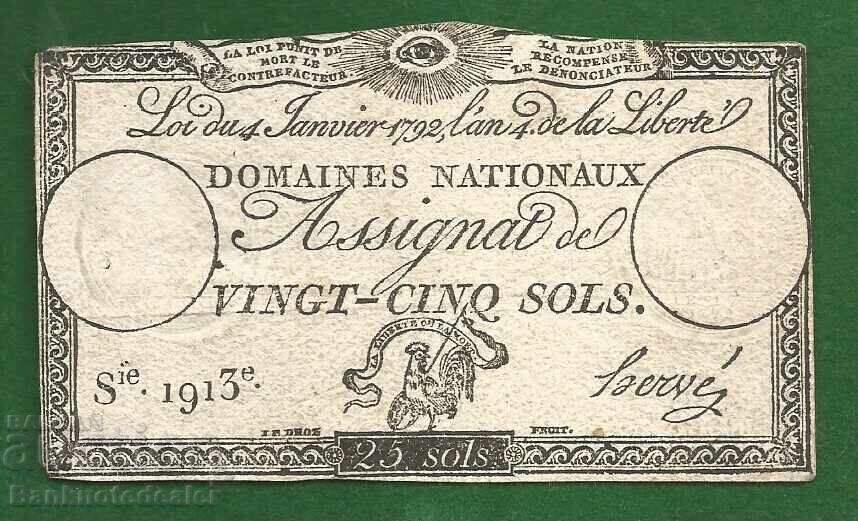 Revoluția Franceză Franța Assignat 25 Sols 1793 Ref 1913