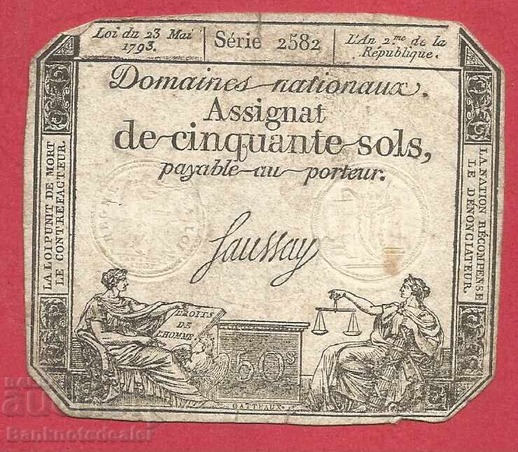 French Revolution France Assignat 50 Sols 1793 Ref 2582