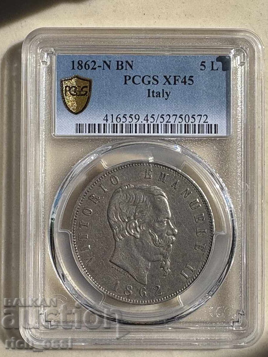 5 Lire 1862, Italy, Silver, VERY RARE - 6