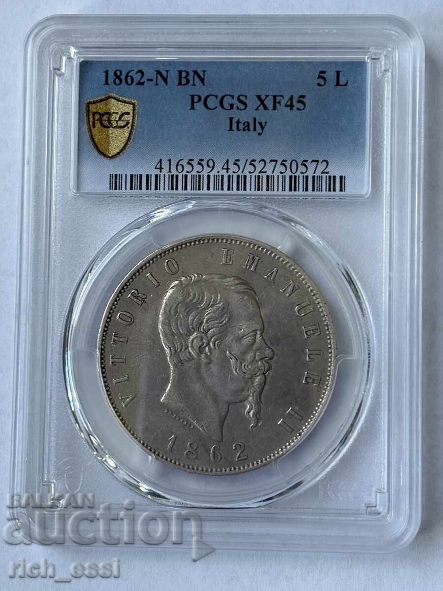 5 Lire 1862, Italy, Silver, VERY RARE