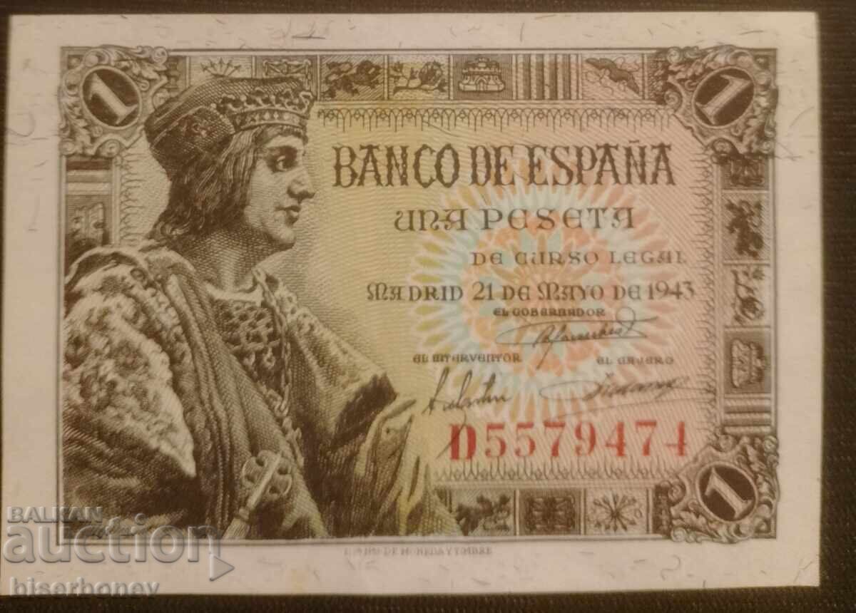 Spania, Ispaniya 1 peseta 1943, XF Spania, Ispaniya 1 peseta 1943, XF