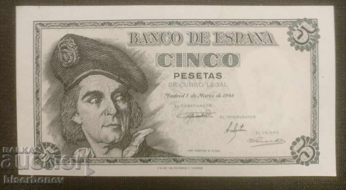 Spain, Spain 5 Pesetas 1948, UNC