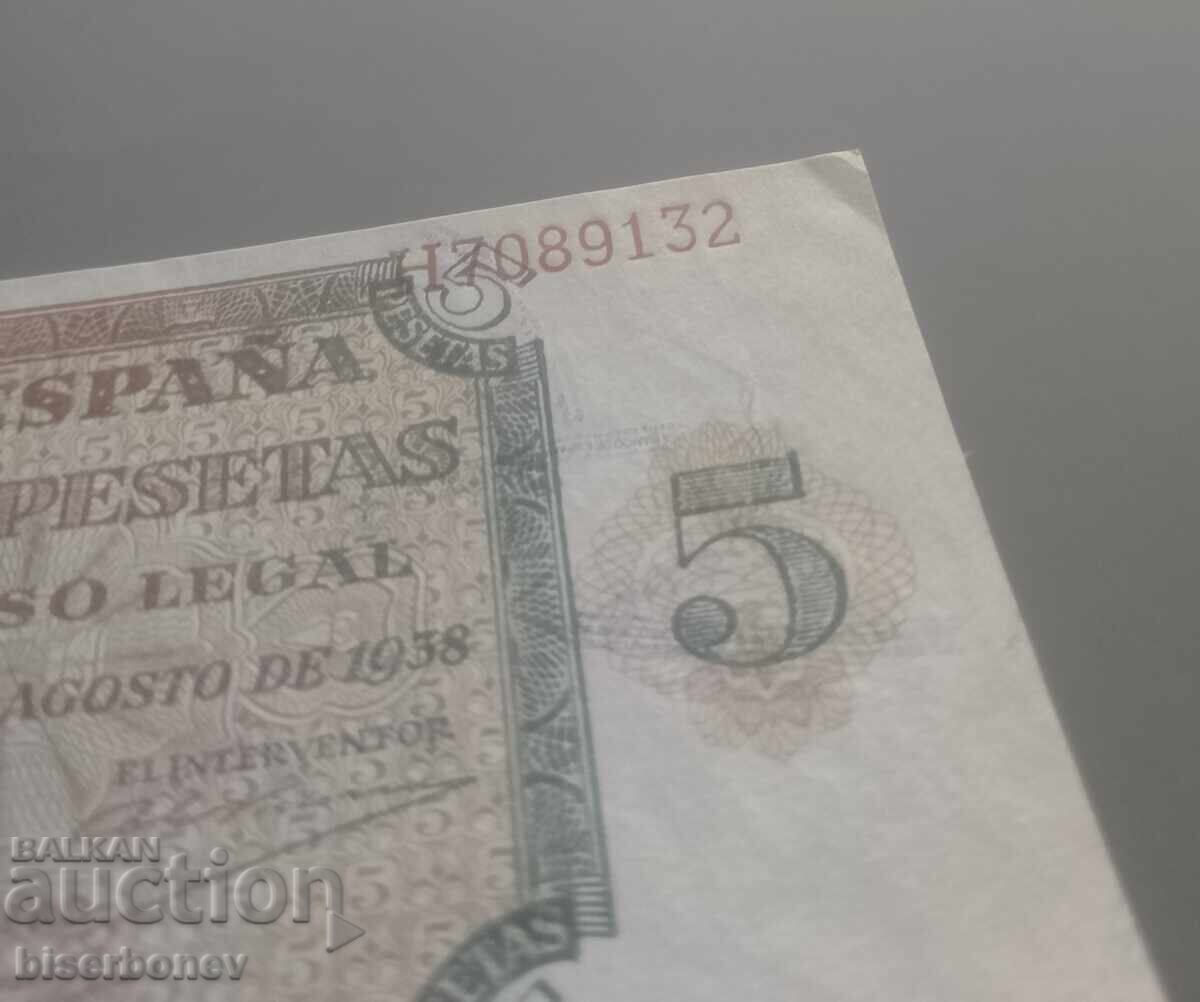Delivery of Spain, Spain 5 Pesetas 1938, UNC-1