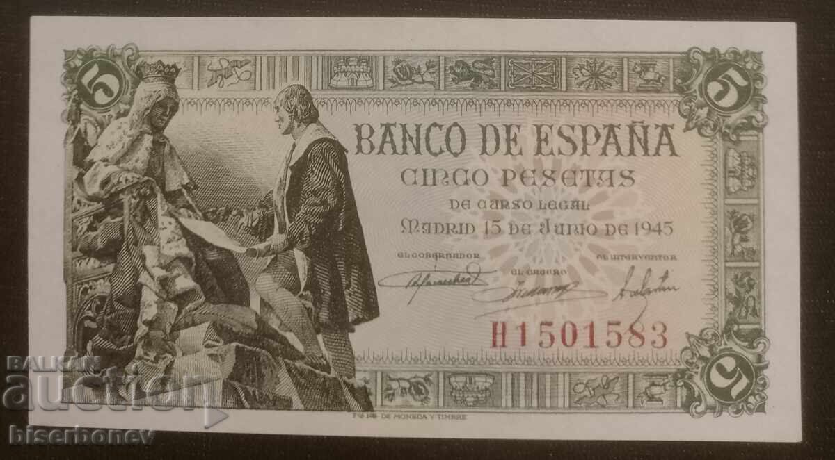 Ισπανία, Ισπανία 5 πεσέτες 1945, UNC