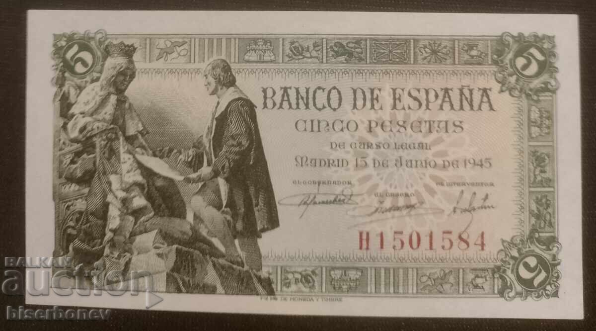 Spania, 5 pesete 1945, UNC