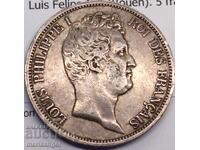 5 Franci 1831 Franța Regele Ludovic Filip I B - Rouen 25.08y Ag