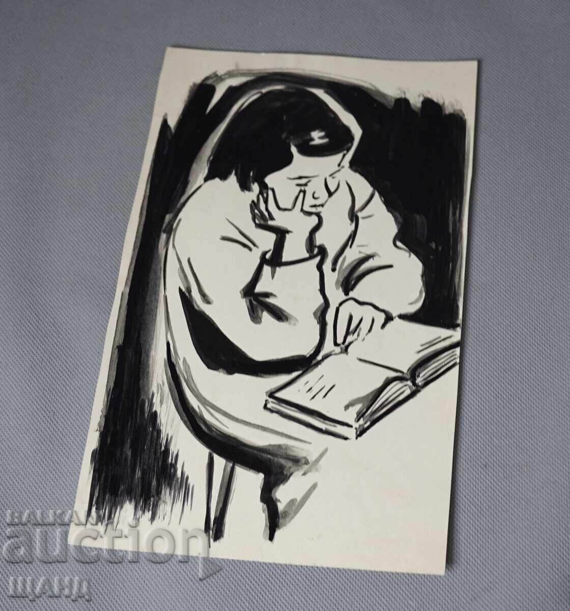 Παλιά Μαεστρική Ζωγραφιά Πορτρέτο Κοριτσιού με Βιβλίο