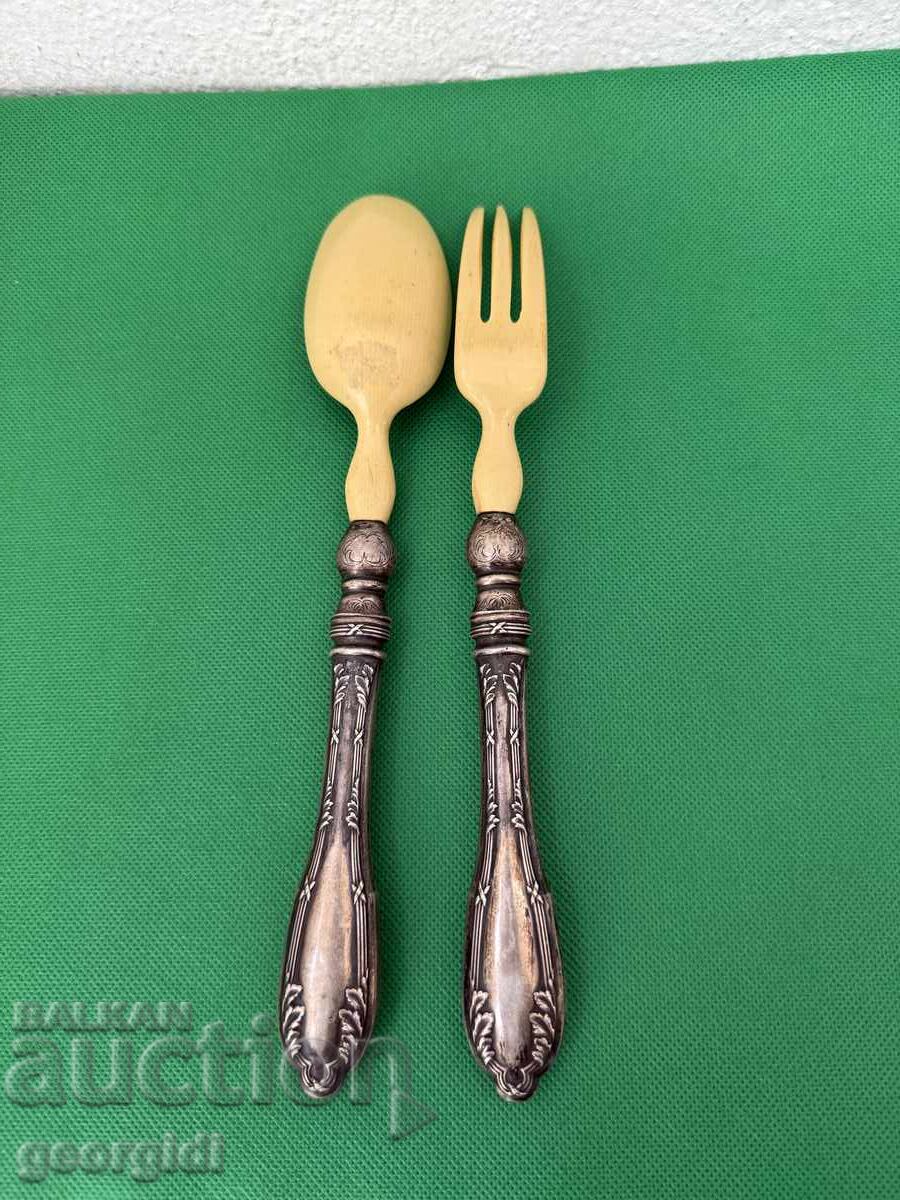 Tacâmuri de salată din argint cu os de elefant. №7507 - 7