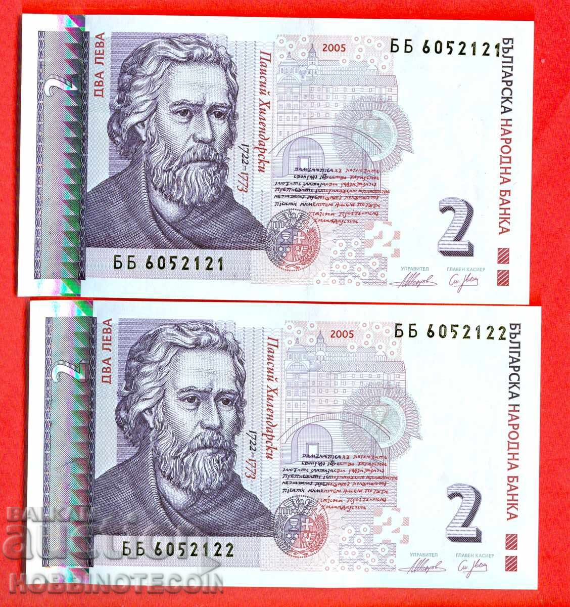 BULGARIA 2 x 2 BGN pereche consecutivă emisiune 2005 BB 605 2121 22 UNC